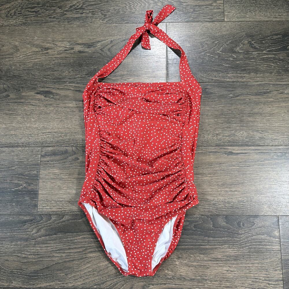 Smismivo Sz M One Piece Swimsuit Orange Red Polka Dot Ruched Halter Retro Pinup